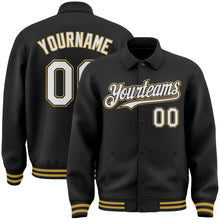 Load image into Gallery viewer, Custom Black White-Old Gold Bomber Full-Snap Varsity Letterman Lapel Collar Byron Jacket