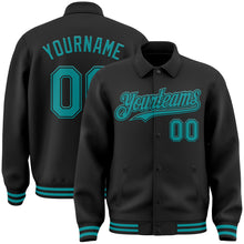 Load image into Gallery viewer, Custom Black Teal Bomber Full-Snap Varsity Letterman Lapel Collar Byron Jacket