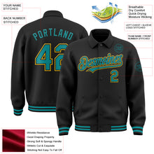Load image into Gallery viewer, Custom Black Teal-Yellow Bomber Full-Snap Varsity Letterman Lapel Collar Byron Jacket