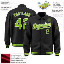 Load image into Gallery viewer, Custom Black Neon Green-White Bomber Full-Snap Varsity Letterman Lapel Collar Byron Jacket