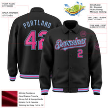 Load image into Gallery viewer, Custom Black Pink-Light Blue Bomber Full-Snap Varsity Letterman Lapel Collar Byron Jacket