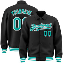 Load image into Gallery viewer, Custom Black Aqua-White Bomber Full-Snap Varsity Letterman Lapel Collar Byron Jacket