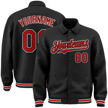 Load image into Gallery viewer, Custom Black Red-White Bomber Full-Snap Varsity Letterman Lapel Collar Byron Jacket