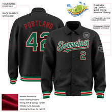 Load image into Gallery viewer, Custom Black Kelly Green-Red Bomber Full-Snap Varsity Letterman Lapel Collar Byron Jacket