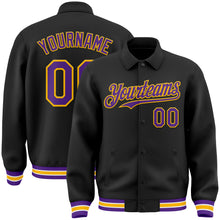 Load image into Gallery viewer, Custom Black Purple-Gold Bomber Full-Snap Varsity Letterman Lapel Collar Byron Jacket