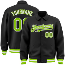 Load image into Gallery viewer, Custom Black Neon Green-White Bomber Full-Snap Varsity Letterman Lapel Collar Byron Jacket