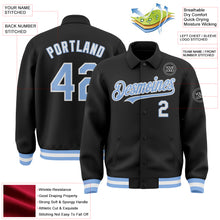 Load image into Gallery viewer, Custom Black Light Blue-White Bomber Full-Snap Varsity Letterman Lapel Collar Byron Jacket