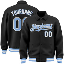 Load image into Gallery viewer, Custom Black Light Blue-White Bomber Full-Snap Varsity Letterman Lapel Collar Byron Jacket