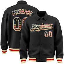Load image into Gallery viewer, Custom Black Vintage USA Flag Cream-Red Bomber Full-Snap Varsity Letterman Lapel Collar Byron Jacket