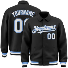 Load image into Gallery viewer, Custom Black White-Light Blue Bomber Full-Snap Varsity Letterman Lapel Collar Byron Jacket