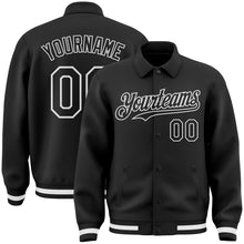 Load image into Gallery viewer, Custom Black White Bomber Full-Snap Varsity Letterman Lapel Collar Byron Jacket