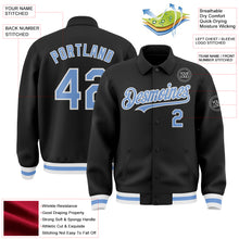 Load image into Gallery viewer, Custom Black Light Blue-White Bomber Full-Snap Varsity Letterman Lapel Collar Byron Jacket