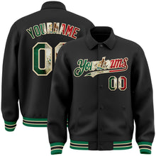 Load image into Gallery viewer, Custom Black Vintage Mexican Flag Cream-Kelly Green Bomber Full-Snap Varsity Letterman Lapel Collar Byron Jacket