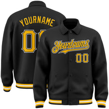 Load image into Gallery viewer, Custom Black Gold-White Bomber Full-Snap Varsity Letterman Lapel Collar Byron Jacket