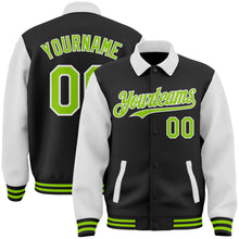 Load image into Gallery viewer, Custom Black Neon Green-White Bomber Full-Snap Varsity Letterman Two Tone Lapel Collar Byron Jacket