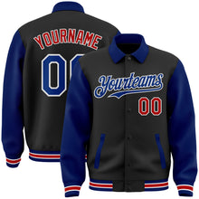 Load image into Gallery viewer, Custom Black Royal-Red Bomber Full-Snap Varsity Letterman Two Tone Lapel Collar Byron Jacket