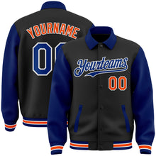 Load image into Gallery viewer, Custom Black Royal-Orange Bomber Full-Snap Varsity Letterman Two Tone Lapel Collar Byron Jacket