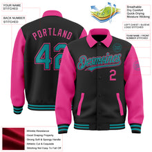Load image into Gallery viewer, Custom Black Teal-Pink Bomber Full-Snap Varsity Letterman Two Tone Lapel Collar Byron Jacket