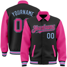 Load image into Gallery viewer, Custom Black Pink-Light Blue Bomber Full-Snap Varsity Letterman Two Tone Lapel Collar Byron Jacket