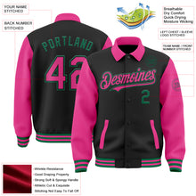 Load image into Gallery viewer, Custom Black Pink-Kelly Green Bomber Full-Snap Varsity Letterman Two Tone Lapel Collar Byron Jacket