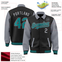 Load image into Gallery viewer, Custom Black Teal-Gray Bomber Full-Snap Varsity Letterman Two Tone Lapel Collar Byron Jacket