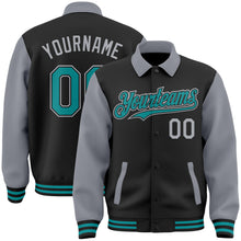 Load image into Gallery viewer, Custom Black Teal-Gray Bomber Full-Snap Varsity Letterman Two Tone Lapel Collar Byron Jacket