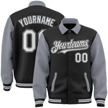 Load image into Gallery viewer, Custom Black White-Gray Bomber Full-Snap Varsity Letterman Two Tone Lapel Collar Byron Jacket