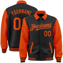 Load image into Gallery viewer, Custom Black Orange Bomber Full-Snap Varsity Letterman Two Tone Lapel Collar Byron Jacket