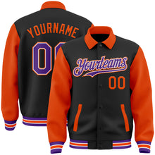 Load image into Gallery viewer, Custom Black Purple-Orange Bomber Full-Snap Varsity Letterman Two Tone Lapel Collar Byron Jacket