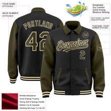 Load image into Gallery viewer, Custom Black Olive-Cream Bomber Full-Snap Varsity Letterman Two Tone Lapel Collar Byron Jacket