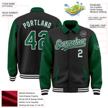 Load image into Gallery viewer, Custom Black Kelly Green-White Bomber Full-Snap Varsity Letterman Two Tone Lapel Collar Byron Jacket