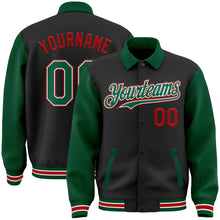 Load image into Gallery viewer, Custom Black Kelly Green-Red Bomber Full-Snap Varsity Letterman Two Tone Lapel Collar Byron Jacket