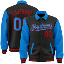 Load image into Gallery viewer, Custom Black Powder Blue-Red Bomber Full-Snap Varsity Letterman Two Tone Lapel Collar Byron Jacket