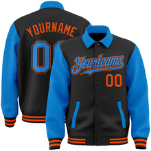 Load image into Gallery viewer, Custom Black Powder Blue-Orange Bomber Full-Snap Varsity Letterman Two Tone Lapel Collar Byron Jacket