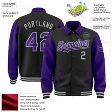Load image into Gallery viewer, Custom Black Purple-Gray Bomber Full-Snap Varsity Letterman Two Tone Lapel Collar Byron Jacket