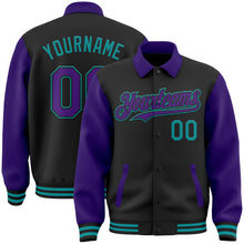 Load image into Gallery viewer, Custom Black Purple-Teal Bomber Full-Snap Varsity Letterman Two Tone Lapel Collar Byron Jacket