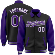 Load image into Gallery viewer, Custom Black Purple-White Bomber Full-Snap Varsity Letterman Two Tone Lapel Collar Byron Jacket
