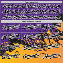 Load image into Gallery viewer, Custom Purple Gold-Black Abstract Splash Grunge Art 3D Pattern Design Bomber Full-Snap Varsity Letterman Hoodie Jacket