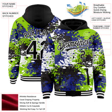 Load image into Gallery viewer, Custom Black Neon Green-Royal Abstract Splash Grunge Art 3D Pattern Design Bomber Full-Snap Varsity Letterman Hoodie Jacket
