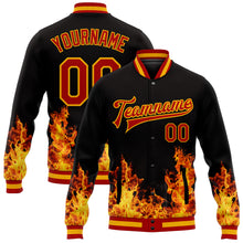 Load image into Gallery viewer, Custom Black Red-Gold Flame 3D Pattern Design Bomber Full-Snap Varsity Letterman Jacket