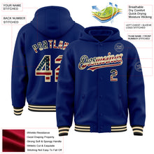 Load image into Gallery viewer, Custom Royal Vintage USA Flag Cream-Black Bomber Full-Snap Varsity Letterman Hoodie Jacket