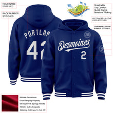 Load image into Gallery viewer, Custom Royal White Bomber Full-Snap Varsity Letterman Hoodie Jacket