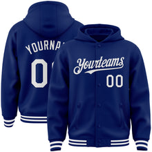 Load image into Gallery viewer, Custom Royal White Bomber Full-Snap Varsity Letterman Hoodie Jacket