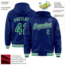 Load image into Gallery viewer, Custom Royal Kelly Green-White Bomber Full-Snap Varsity Letterman Hoodie Jacket