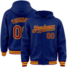 Load image into Gallery viewer, Custom Royal Crimson-Gold Bomber Full-Snap Varsity Letterman Hoodie Jacket