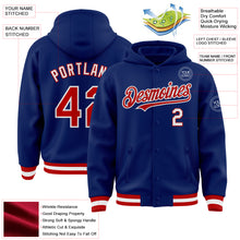 Load image into Gallery viewer, Custom Royal Red-White Bomber Full-Snap Varsity Letterman Hoodie Jacket