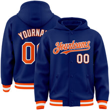 Load image into Gallery viewer, Custom Royal Orange-White Bomber Full-Snap Varsity Letterman Hoodie Jacket