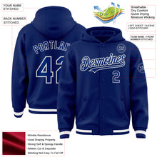 Load image into Gallery viewer, Custom Royal White Bomber Full-Snap Varsity Letterman Hoodie Jacket