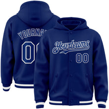 Load image into Gallery viewer, Custom Royal White Bomber Full-Snap Varsity Letterman Hoodie Jacket