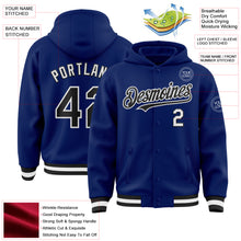Load image into Gallery viewer, Custom Royal Black-White Bomber Full-Snap Varsity Letterman Hoodie Jacket